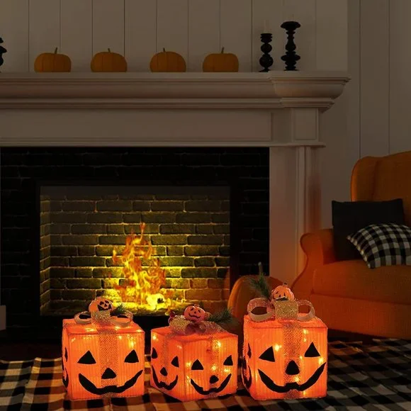 NEW! Pumpkin Gift Boxes Decorative Lights, Set of 3 Battery Operated - Picture 5 of 7